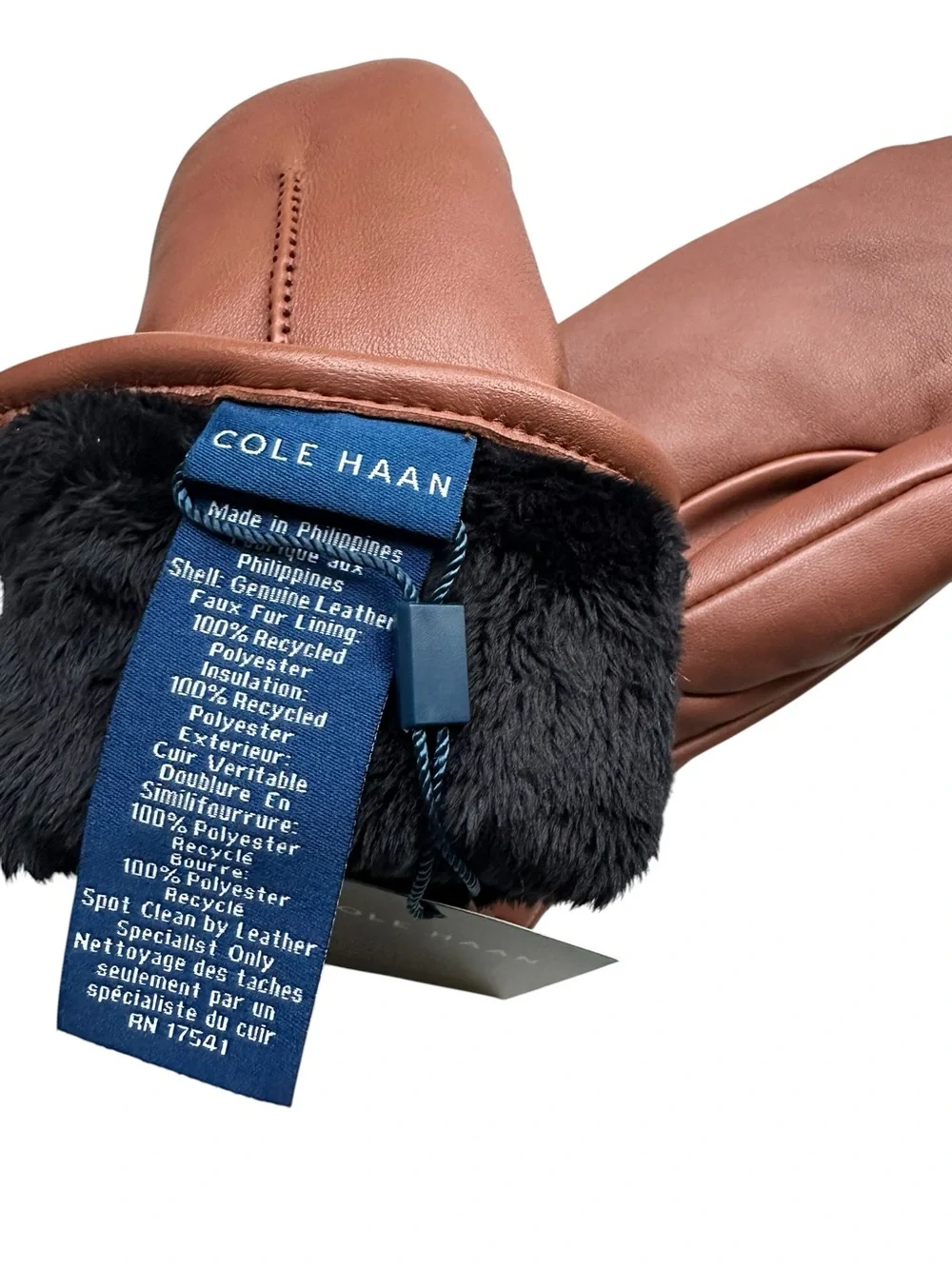 Cole Haan Leather Tech Touchscreen Faux Fur Lined Mittens British Tan NWT